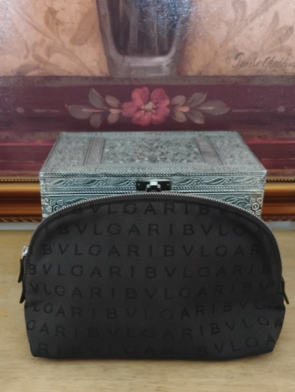 Bvlgari Bulgari Dark Brown Logomania Print Cosmetic Toiletry Bag